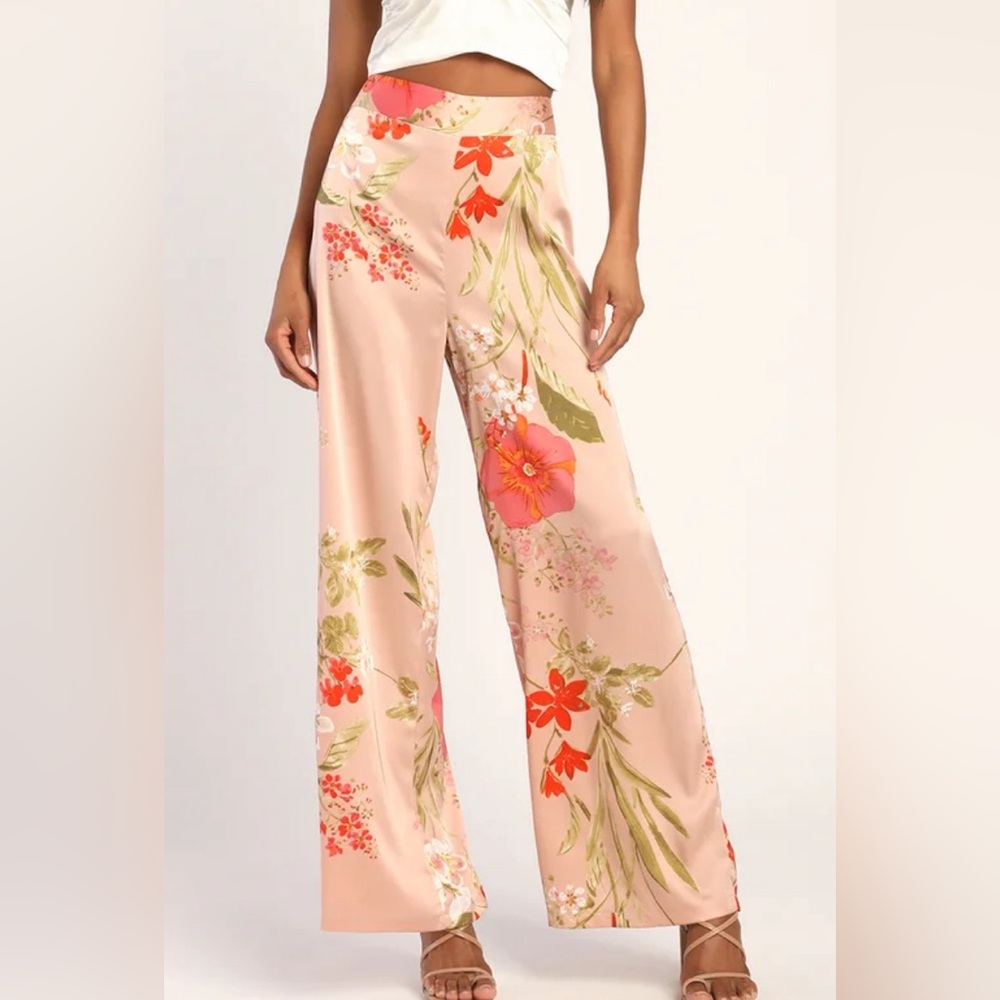 Floral Satin Wide Leg Pants - Never Worn
